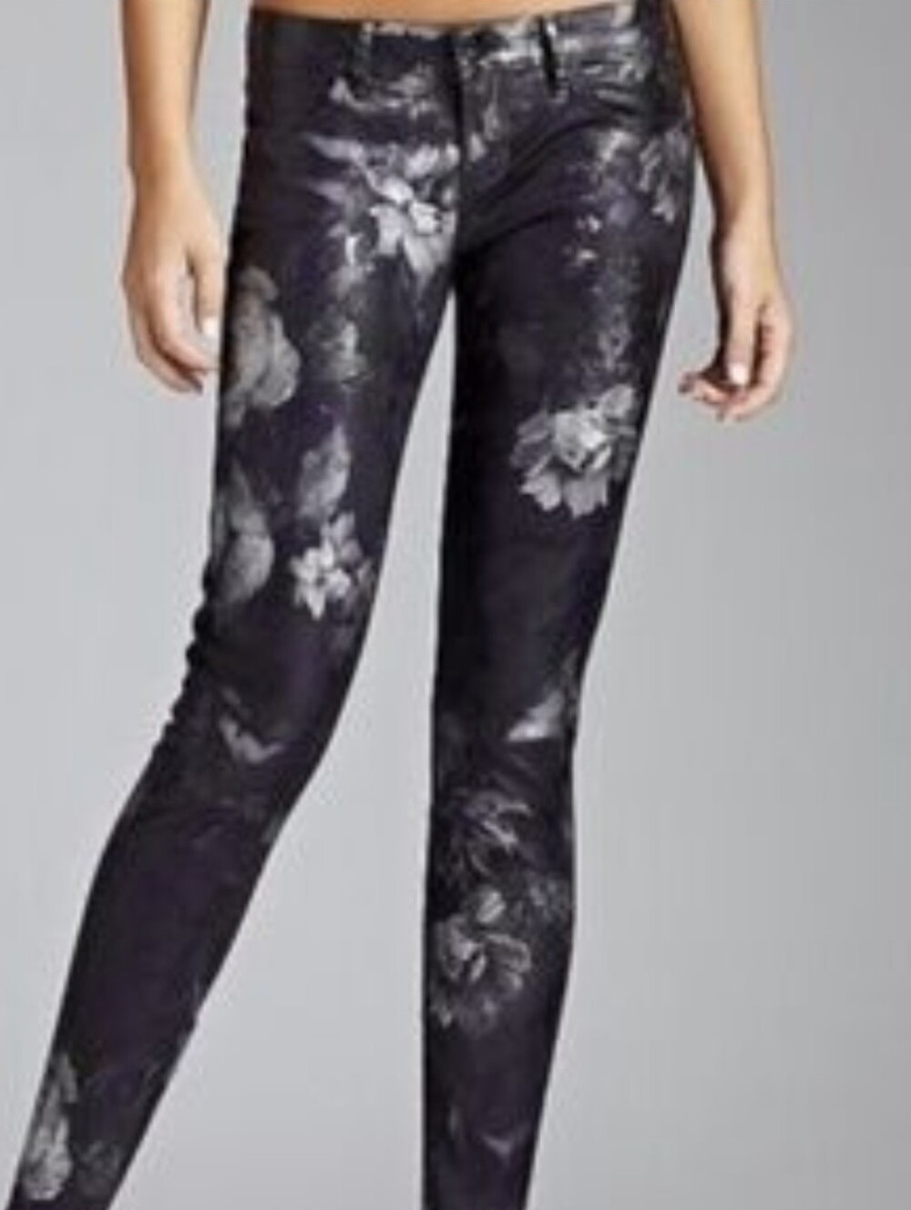 Guess LA 1981 Brittney metallic black floral skinny leggings ankle zipper